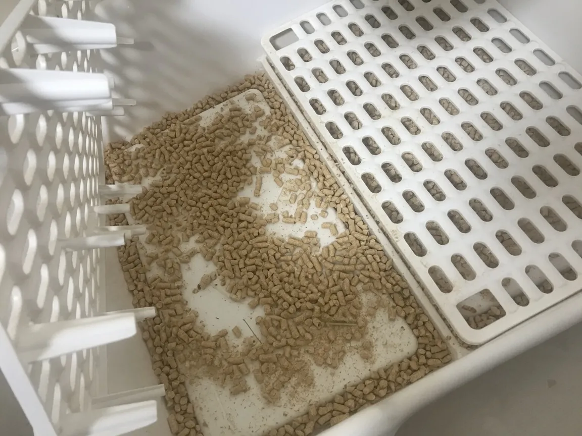 Wood pellets under plastic grate in rabbit litter box