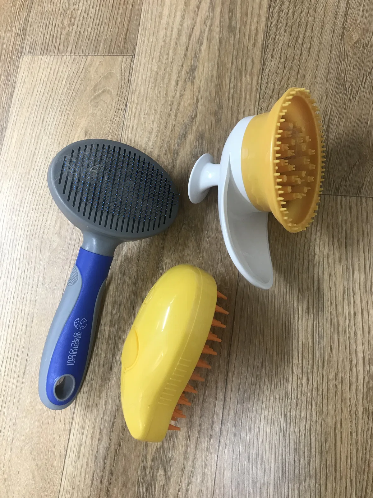 Three rabbit grooming brushes lined up: small face brush, slicker brush, and steam brush