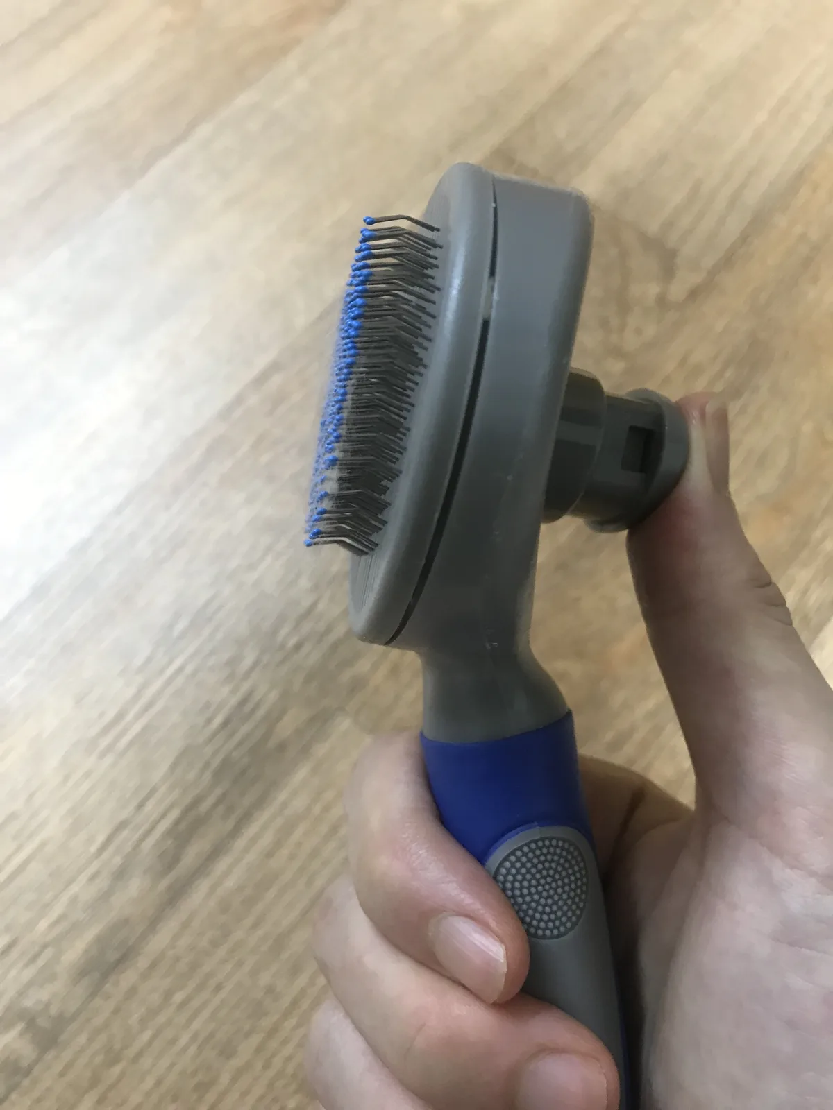 Self-cleaning slicker brush with pins extended, before pressing the button